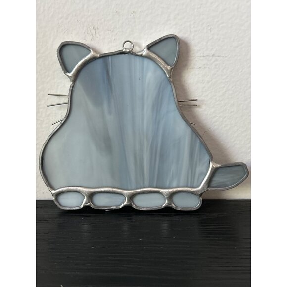 Gray Stained Glass Cat Suncatcher with Green Eyes & Wire Whiskers Chubby Kitty - Picture 4 of 6